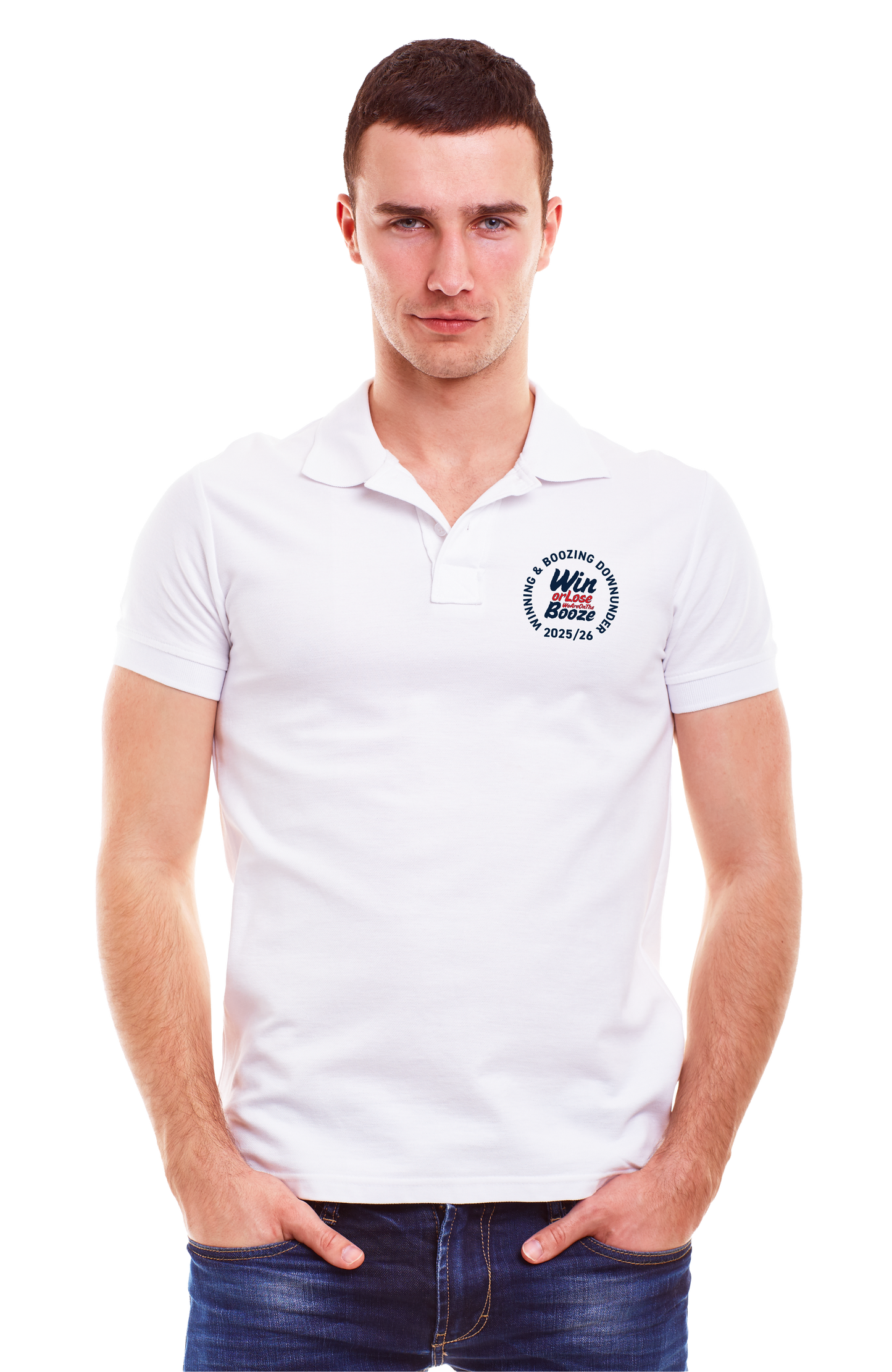 White Fixtures Polo Shirt - WIN OR LOSE WE'RE ON THE BOOZE